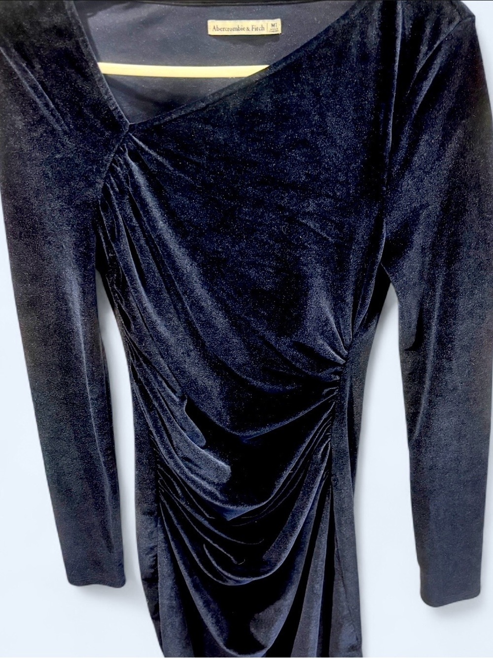 Abercrombie & Fitch Blue Velvet Ruched Long-Sleeve Dress